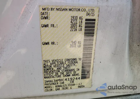 2015 Nissan Altima 2.5 z USA, uszkodzony, nr VIN 1N4AL3AP9FC419244